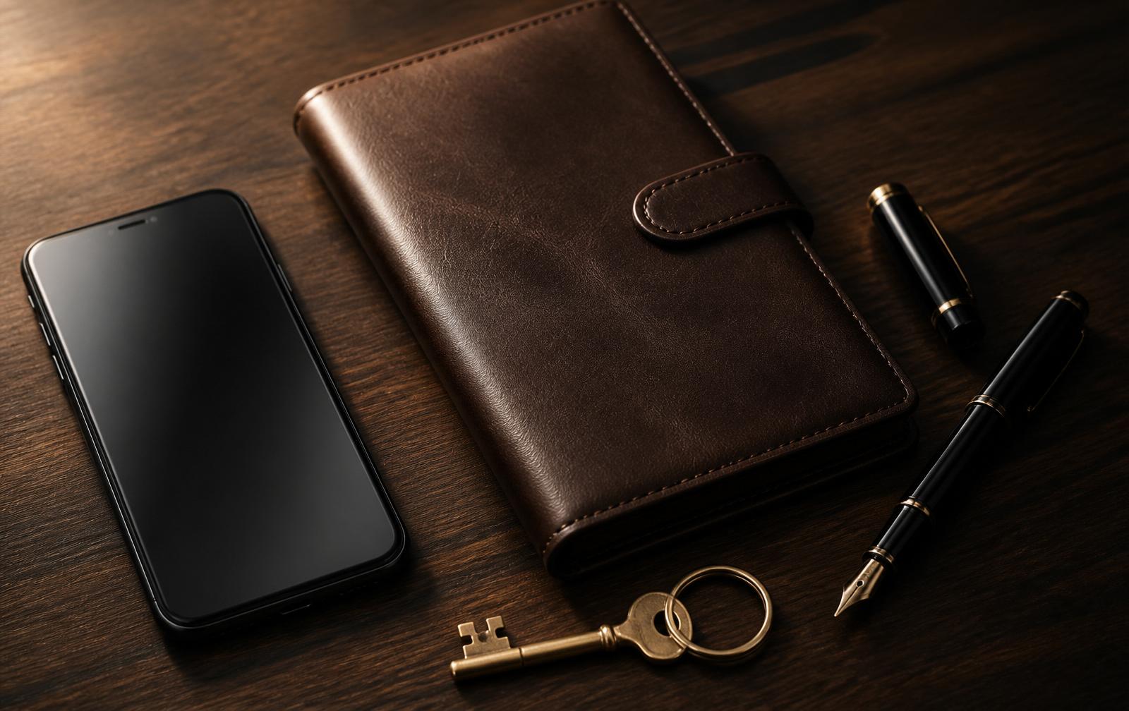 A leather notebook, brass key and fountain pen on a dark wood desk
