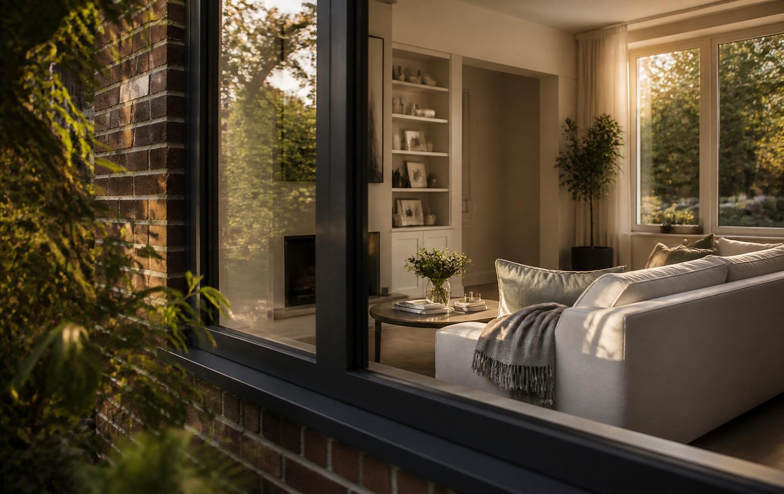 A beautifully finished modern British living room seen through a window in golden light