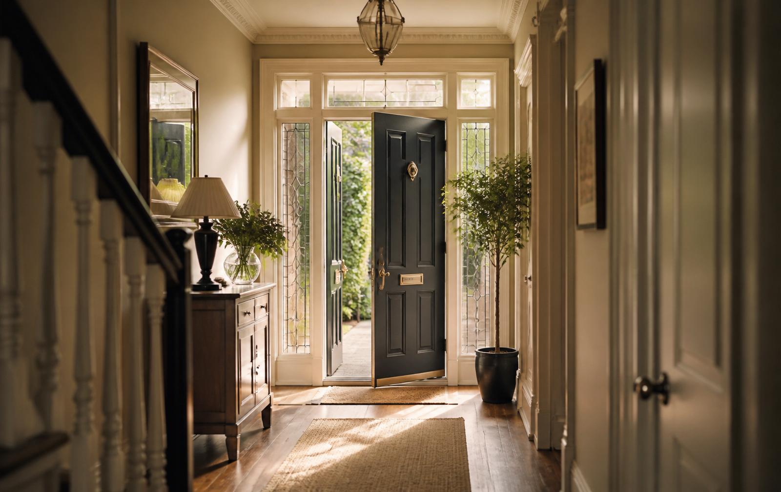 A softly lit British hallway with an open front door and warm daylight